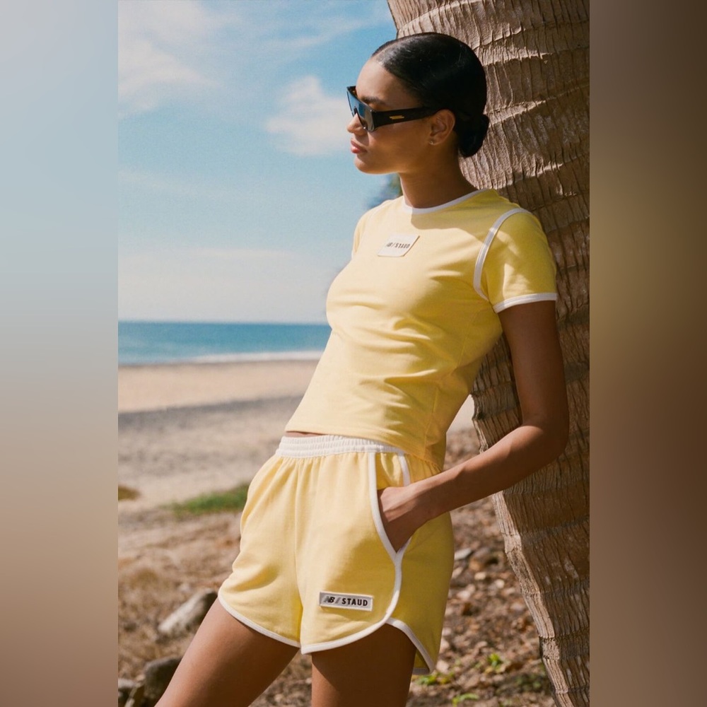 Limited edition Staud x New Balance sunshine yellow athletic shorts SET